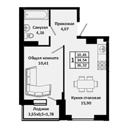 1 комнатная 36.32м²