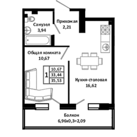 1 комнатная 35.53м²