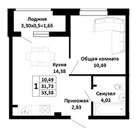 1 комнатная 33.38м²