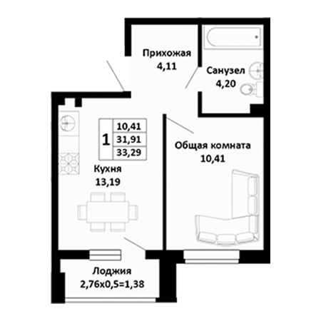 1 комнатная 33.29м²