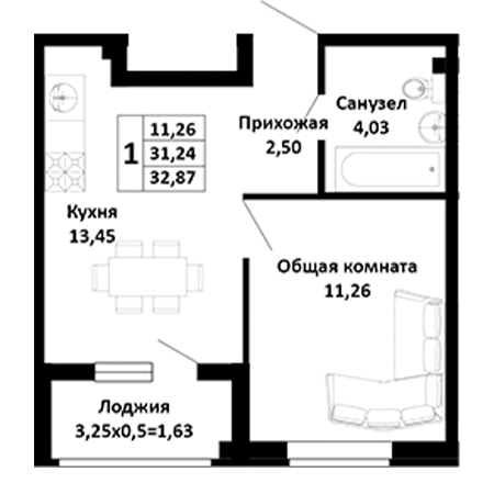 1 комнатная 32.87м²