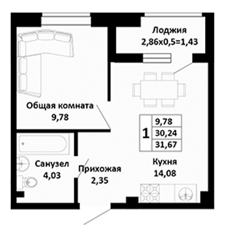 1 комнатная 31.67м²