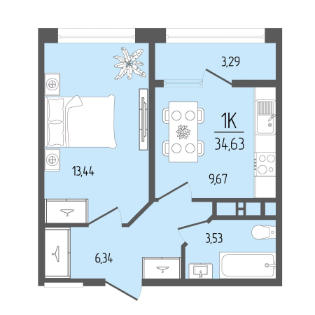 1 комнатная 34.63м²