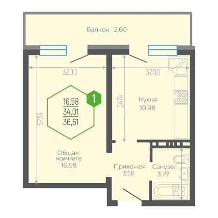 1 комнатная 36.62м²