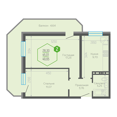 2 комнатная 49.65м²