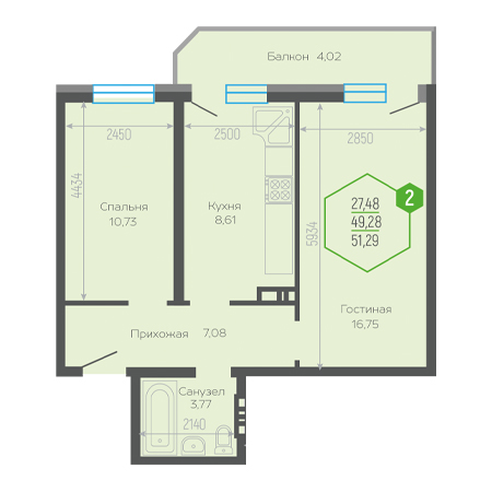 2 комнатная 51.29м²