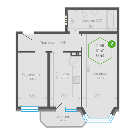 2 комнатная 56.43м²