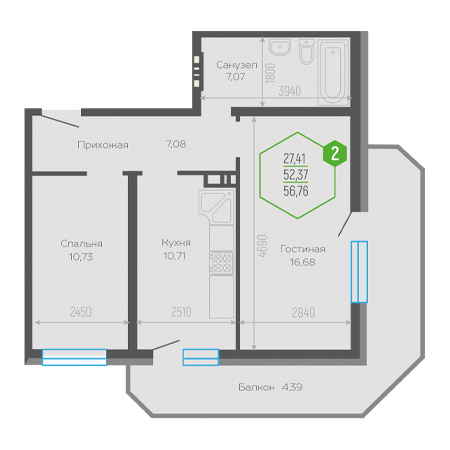 2 комнатная 56.76м²