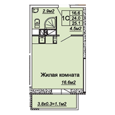 Студия 25.1м²