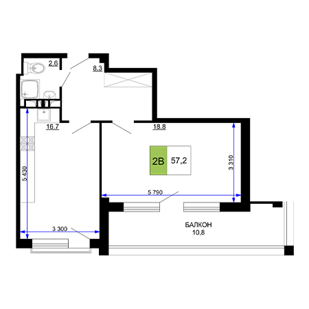 2 комнатная 57.2м²