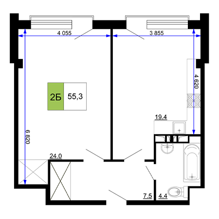 2 комнатная 55.3м²