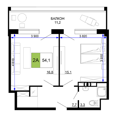 2 комнатная 54.1м²