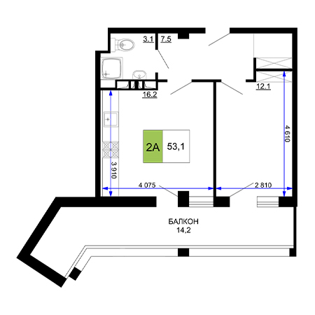 2 комнатная 53.1м²