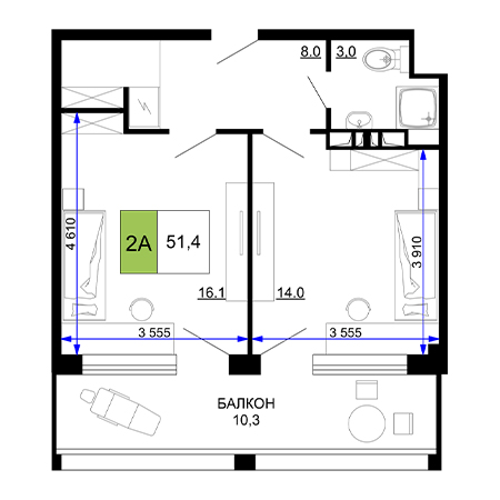 2 комнатная 51.4м²