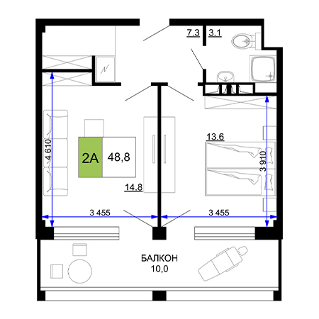 2 комнатная 48.8м²