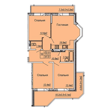 3 комнатная 81.8м²