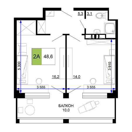 2 комнатная 48.6м²