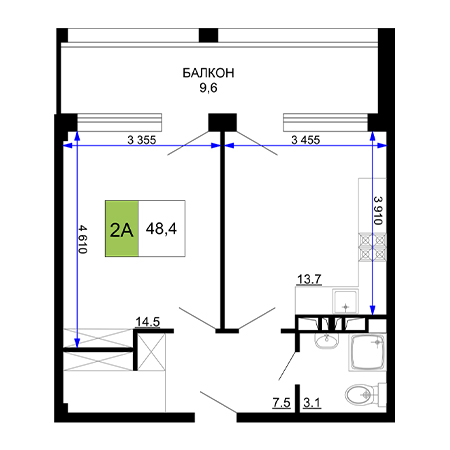 2 комнатная 48.4м²