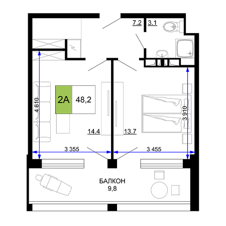 2 комнатная 48.2м²