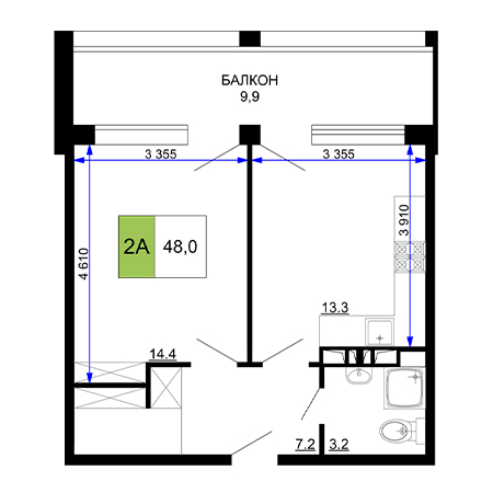 2 комнатная 48м²