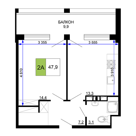 2 комнатная 47.9м²