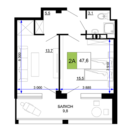 2 комнатная 47.6м²