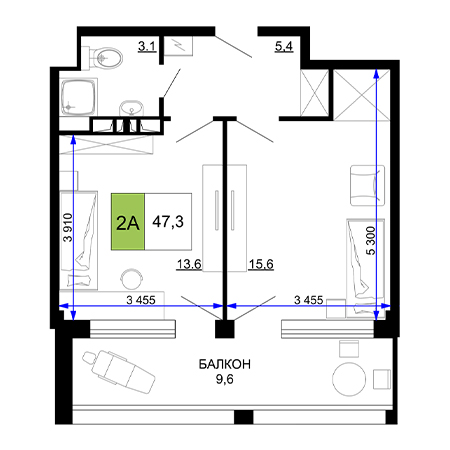 2 комнатная 47.3м²