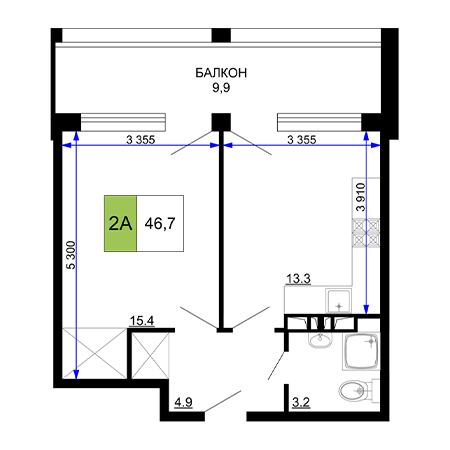 2 комнатная 46.7м²