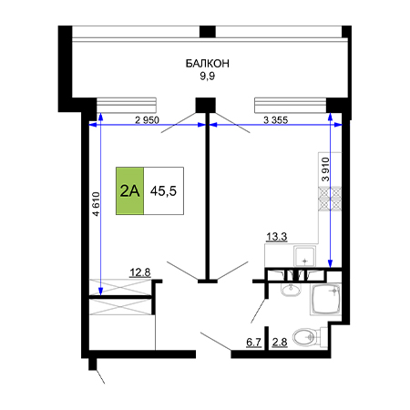 2 комнатная 45.5м²