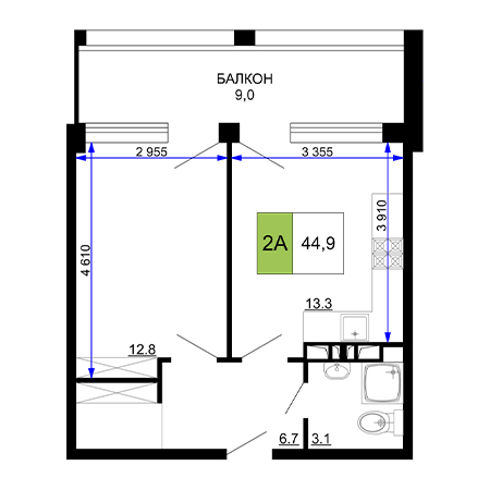 2 комнатная 44.9м²