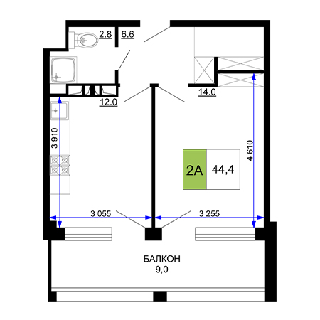 2 комнатная 44.4м²