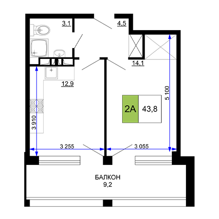 2 комнатная 43.8м²