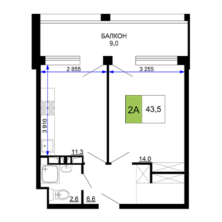 2 комнатная 43.5м²