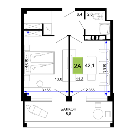 2 комнатная 42.1м²