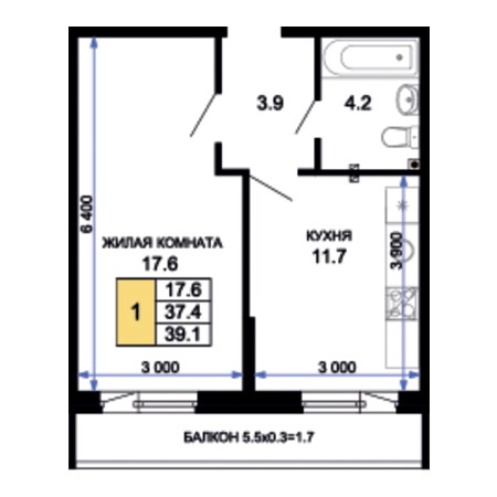 1 комнатная 39.1м²