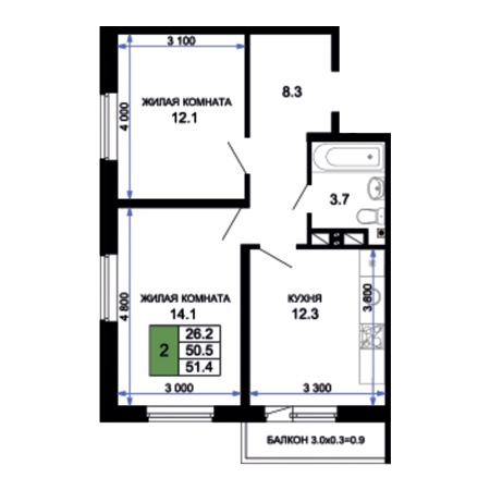 2 комнатная 51.4м²