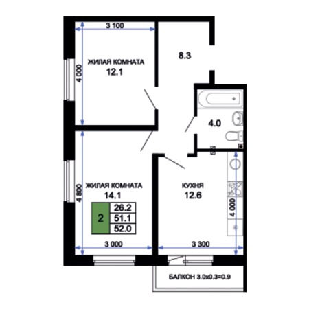 2 комнатная 52м²