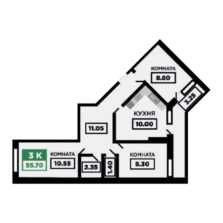 3 комнатная 55.7м²