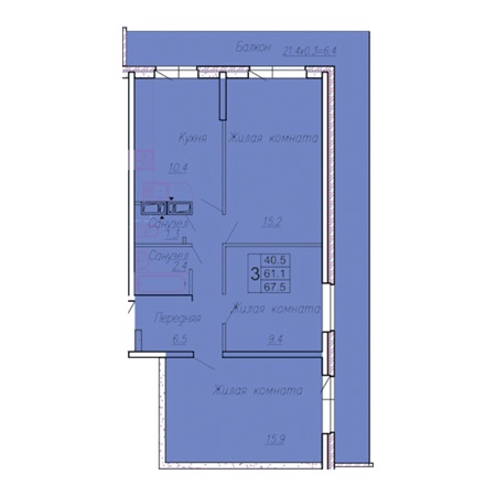 3 комнатная 67.5м²