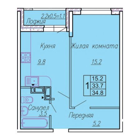 1 комнатная 34.8м²