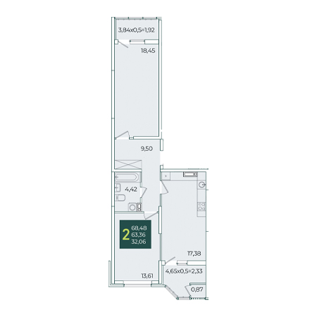 2 комнатная 68.48м²