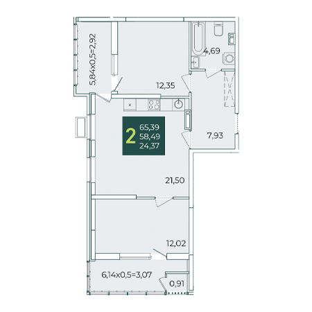 2 комнатная 65.39м²