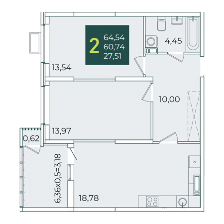 2 комнатная 64.54м²