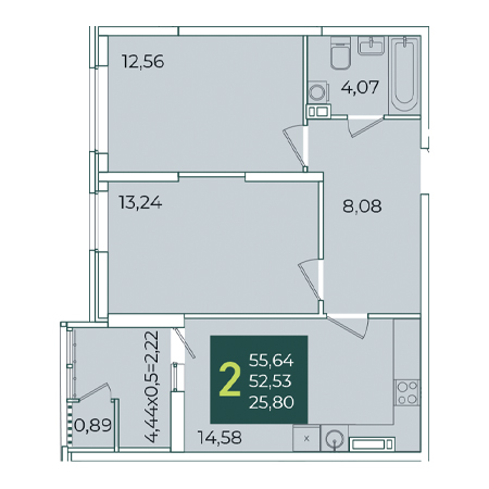 2 комнатная 55.64м²