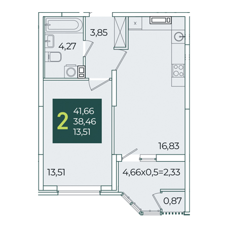 2 комнатная 41.66м²