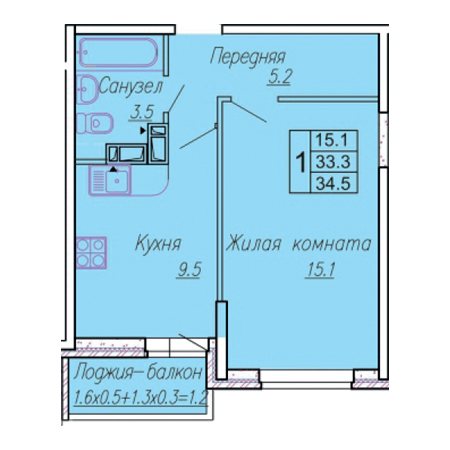 1 комнатная 34.5м²