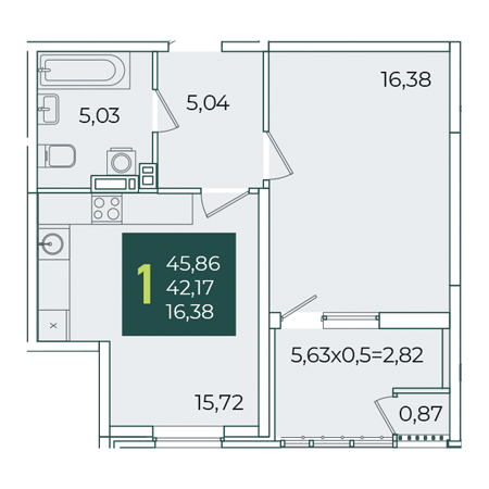 1 комнатная 45.86м²