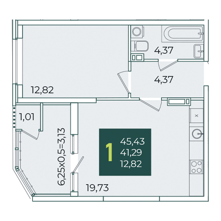 1 комнатная 45.43м²