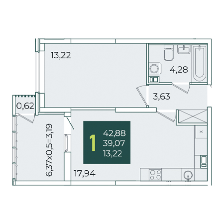 1 комнатная 42.88м²