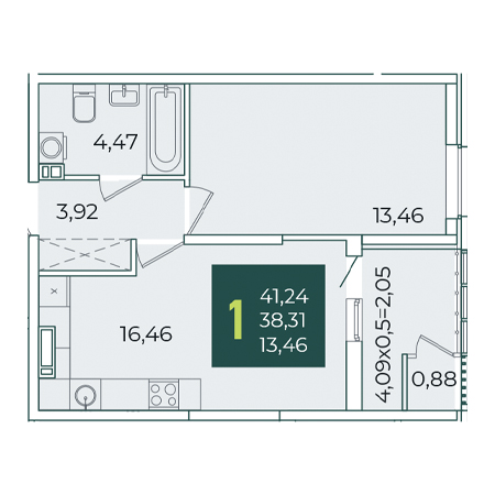 1 комнатная 41.24м²